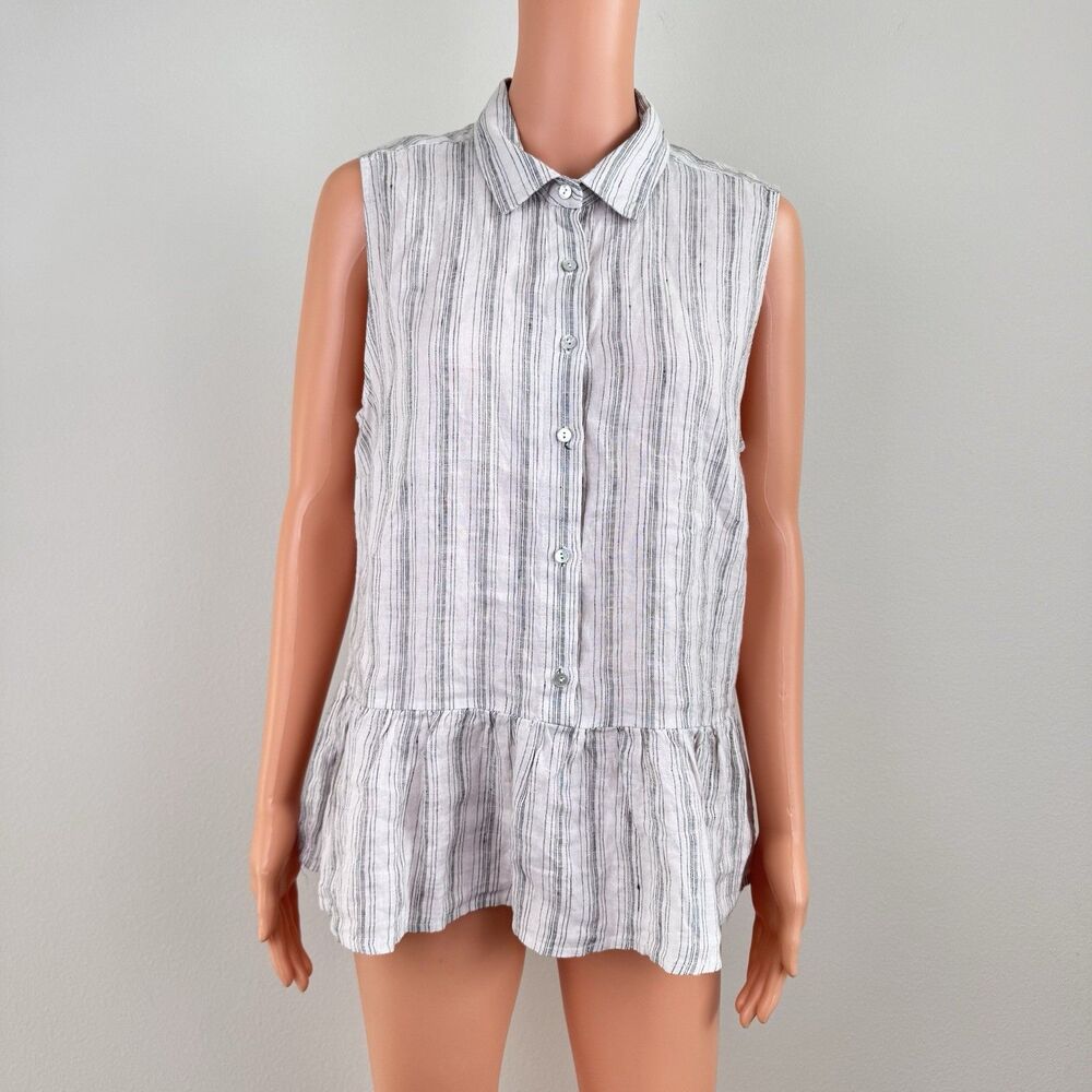TAHARI Sleeveless Peplum Ruffle Linen Top Button down Striped Tank Blouse